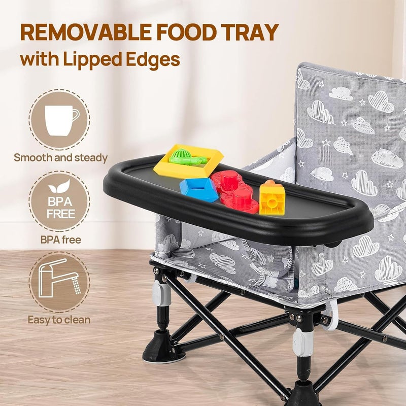 AskCat Toddler Booster Seat for Kitchen Chair & Travel - Portable Foldable with Removable Tray, Baby Camping Chair 6-36 Months Indoor Outdoor (White Cloud Design) - Image 3